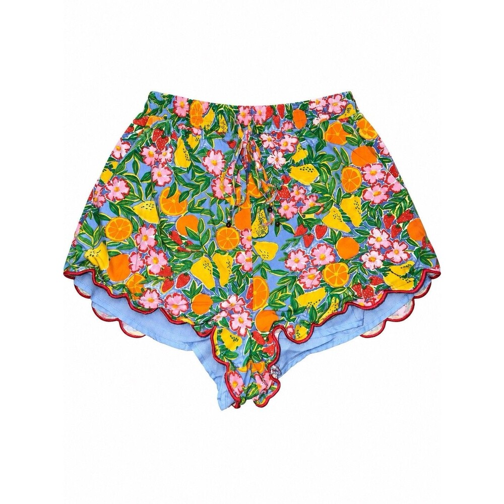 Mahina Citrus Fruit Floral Scalloped Shorts S Blue Tropical Resort Whimsical